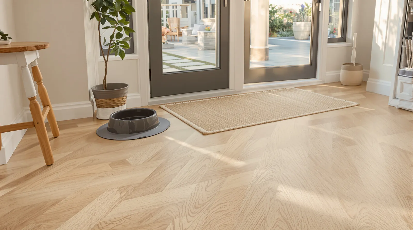 Matte brushed mid-tone oak floor by a back door with a dog water bowl on a mat