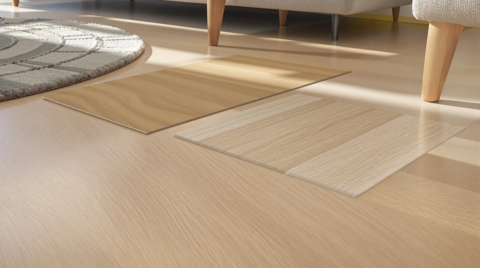Engineered oak board beside an oak-look laminate board in low afternoon light, showing the texture of each