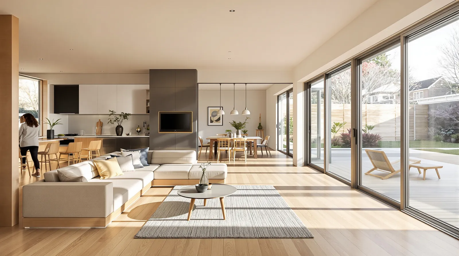 Light engineered oak floor in a sunny open-plan Melbourne extension with underfloor heating