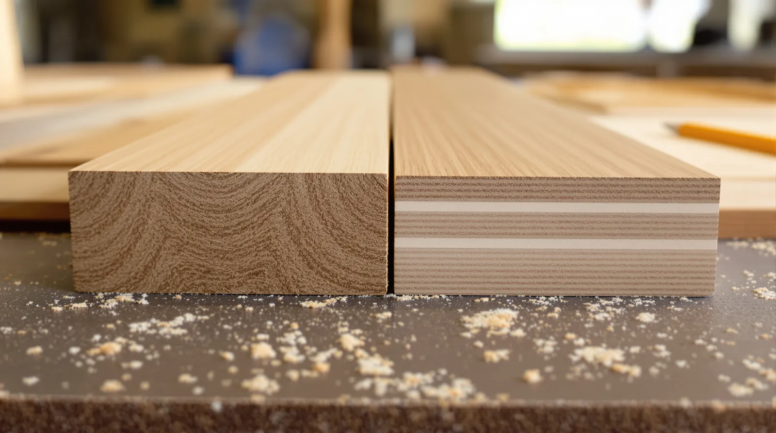 End view of a solid hardwood floorboard beside an engineered oak board showing its oak wear layer over a layered core