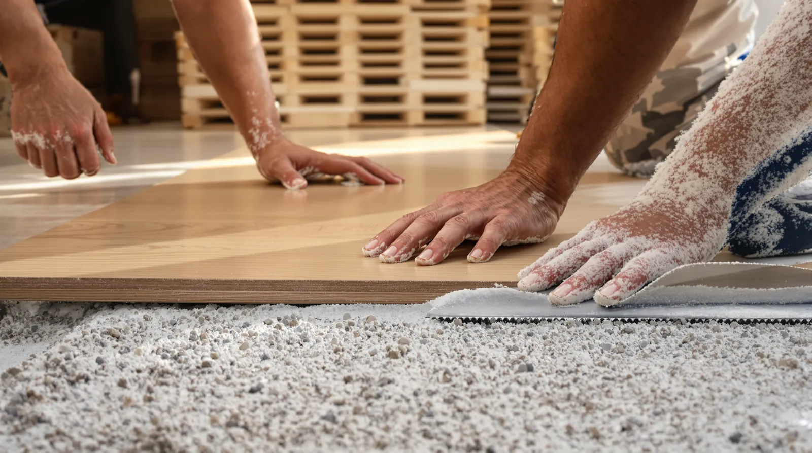 Installer pressing an engineered oak board into adhesive on a concrete slab during a glue-down installation