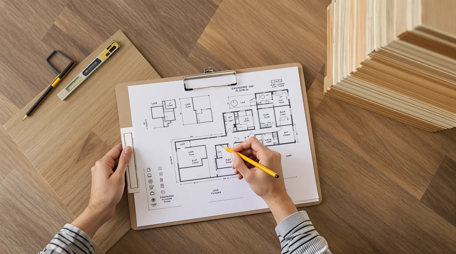 Floor plan sketch, laser measure and packs of oak flooring on a concrete slab before installation