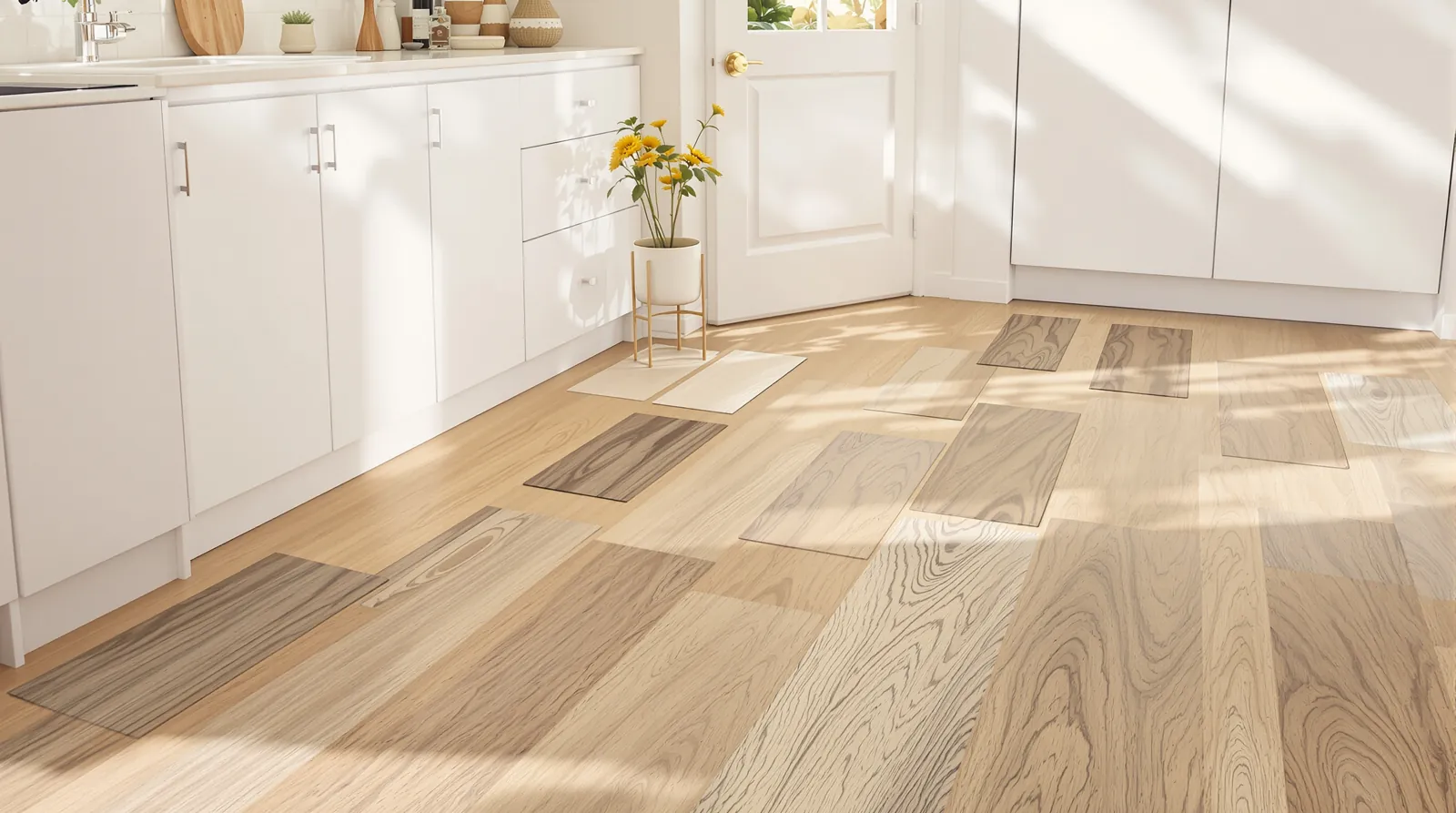Timber floor samples in four tones laid on the floor beside a cabinet door and stone offcut in natural light