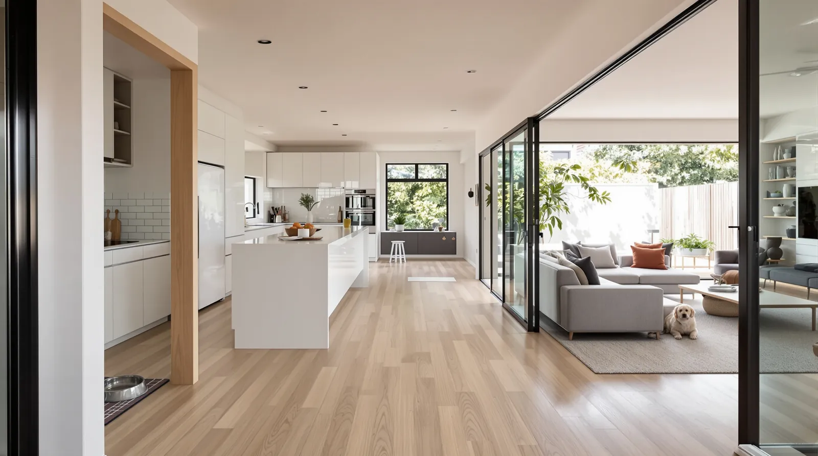 Oak-look floating floor running from a townhouse kitchen into the living room, with a dog's water bowl on a mat