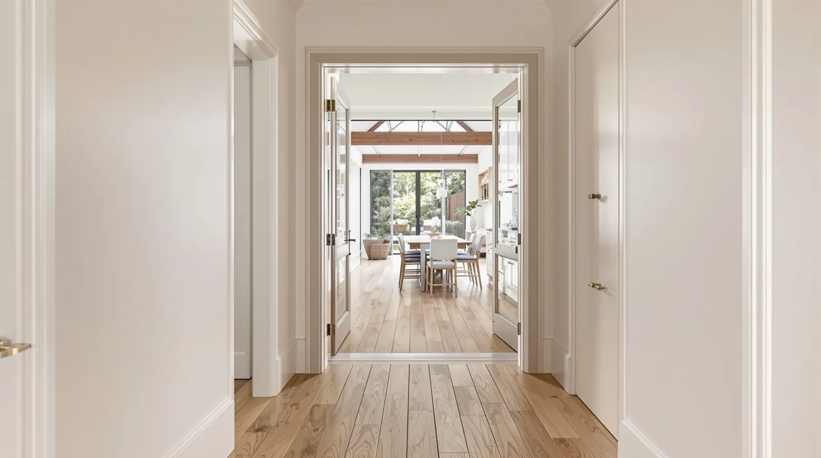 Original narrow floorboards in a period hallway meeting a new oak floor at the doorway of a Camberwell rear extension
