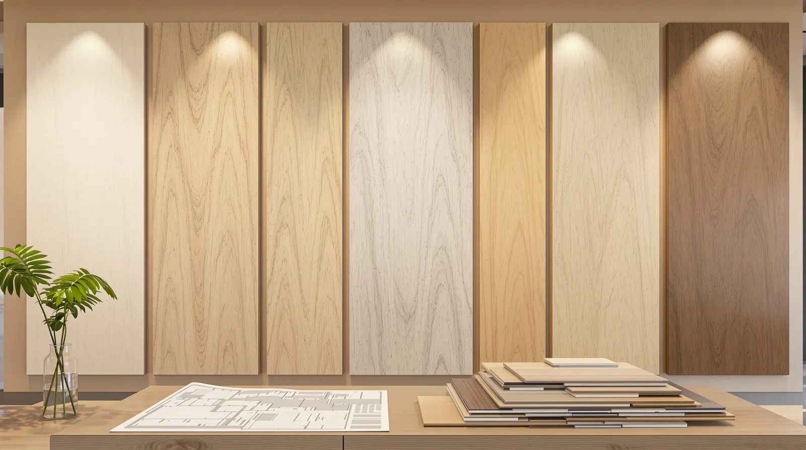 Large wall displays of engineered oak boards in several tones with loose samples on a table in a flooring showroom