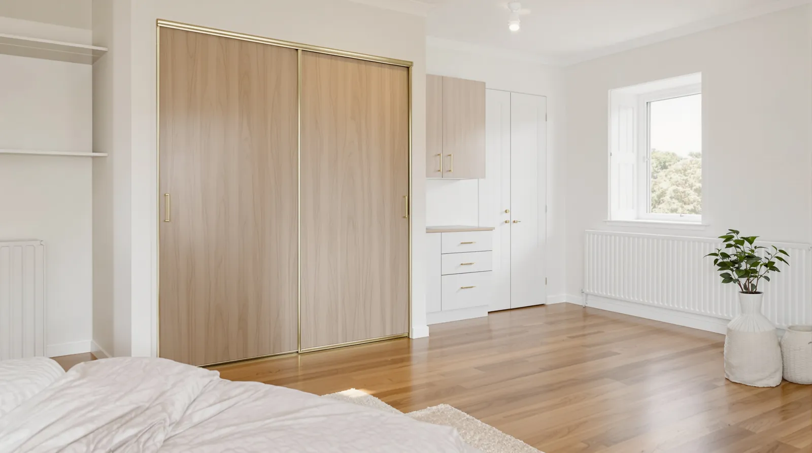 Upstairs bedroom in a Doncaster two-storey home with new mid-brown oak floor replacing old carpet