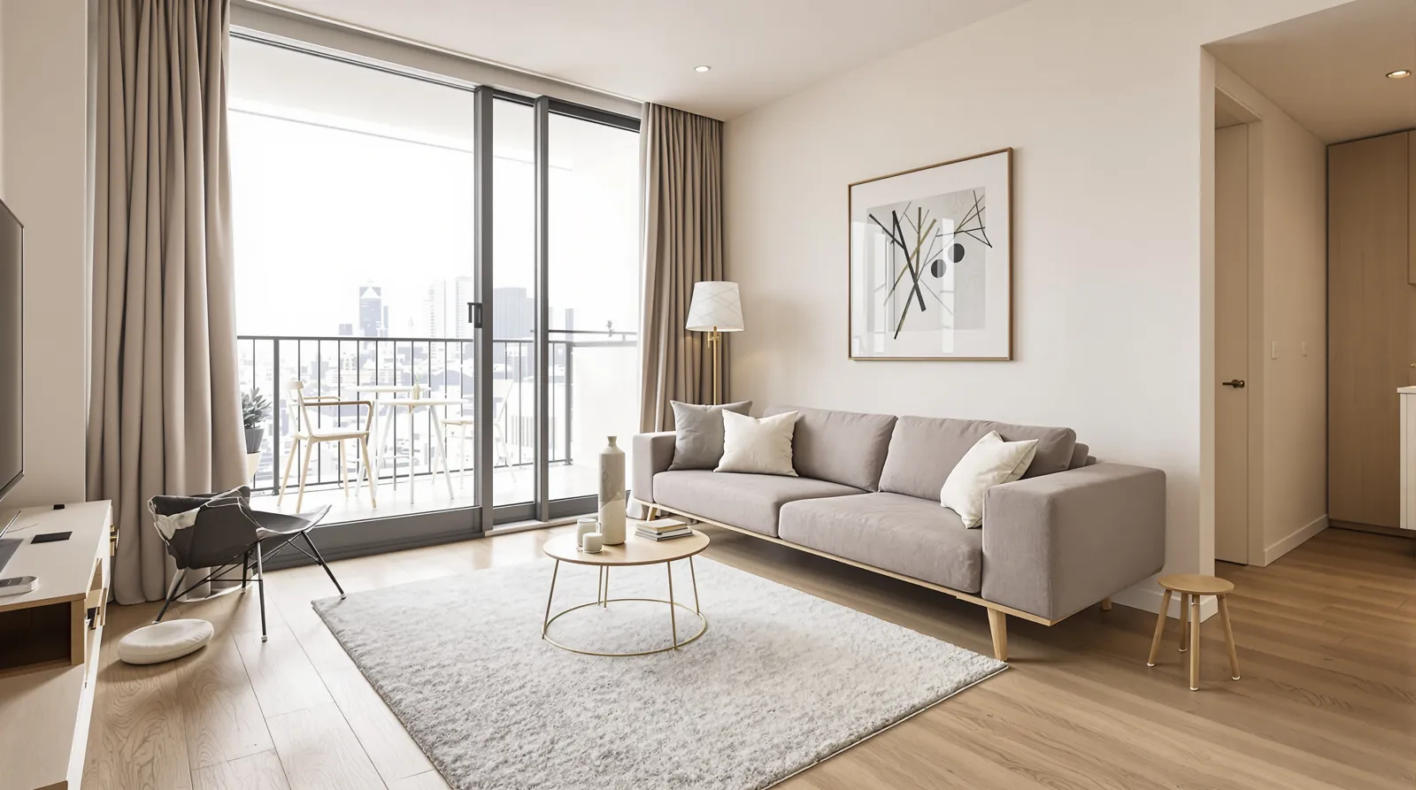 Apartment living room with a light timber-look floor, large rug and dining chairs near a balcony door