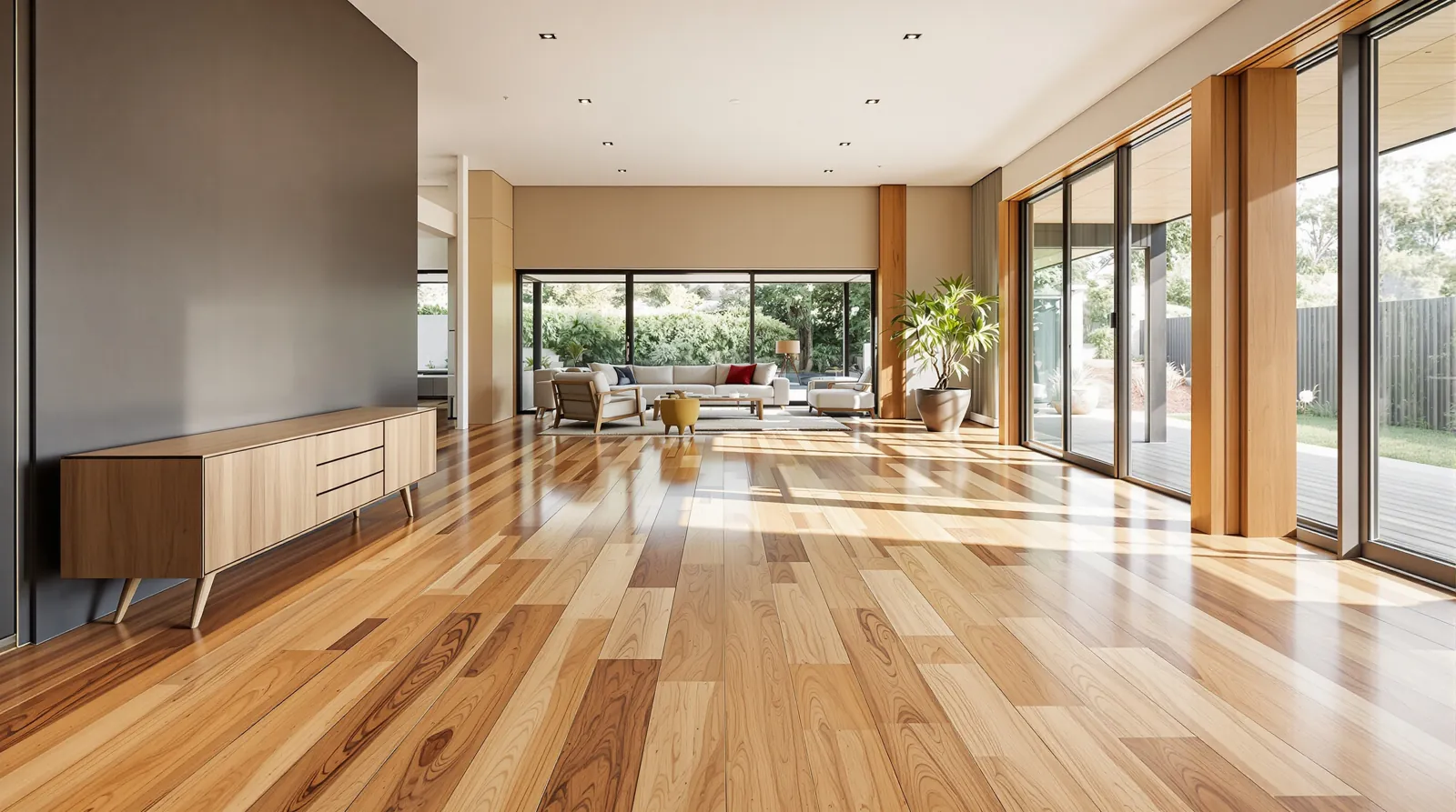 Pale Blackbutt floorboards meeting more varied, darker Spotted Gum boards at a doorway threshold