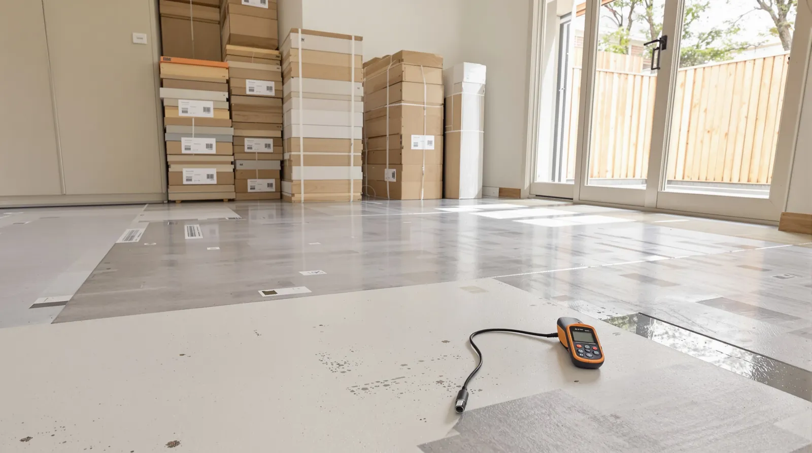 Concrete slab being prepared for a timber floor, with a moisture meter on the slab and flooring boxes by the doors