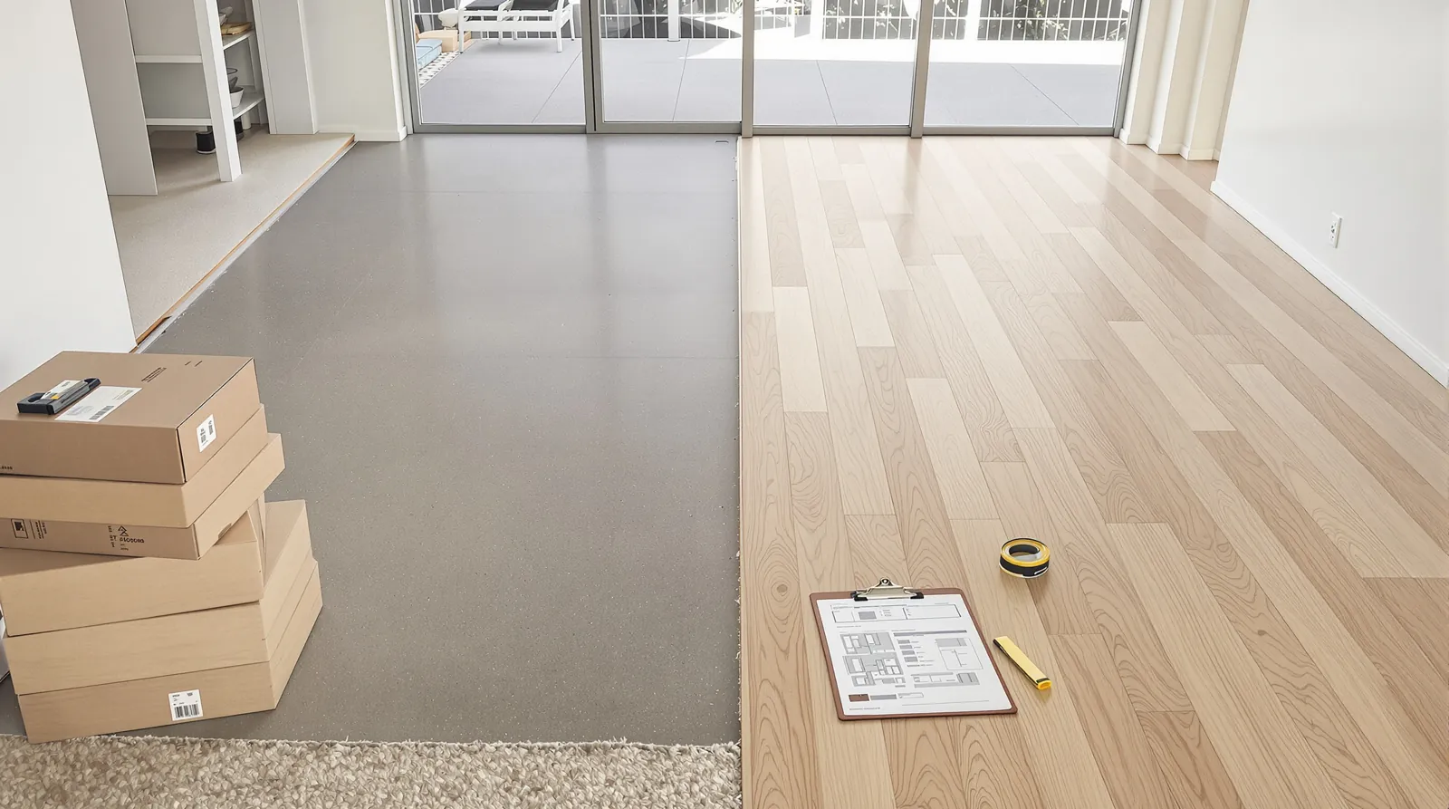 Half-finished living room floor: engineered oak boards laid beside a bare slab, with flooring boxes and a floor plan