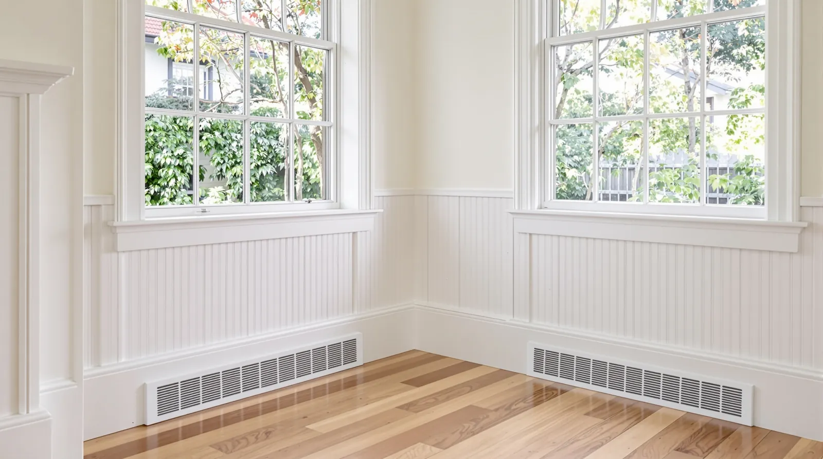 New timber floor in a Surrey Hills weatherboard living room, with a ducted heating register cut in near the window