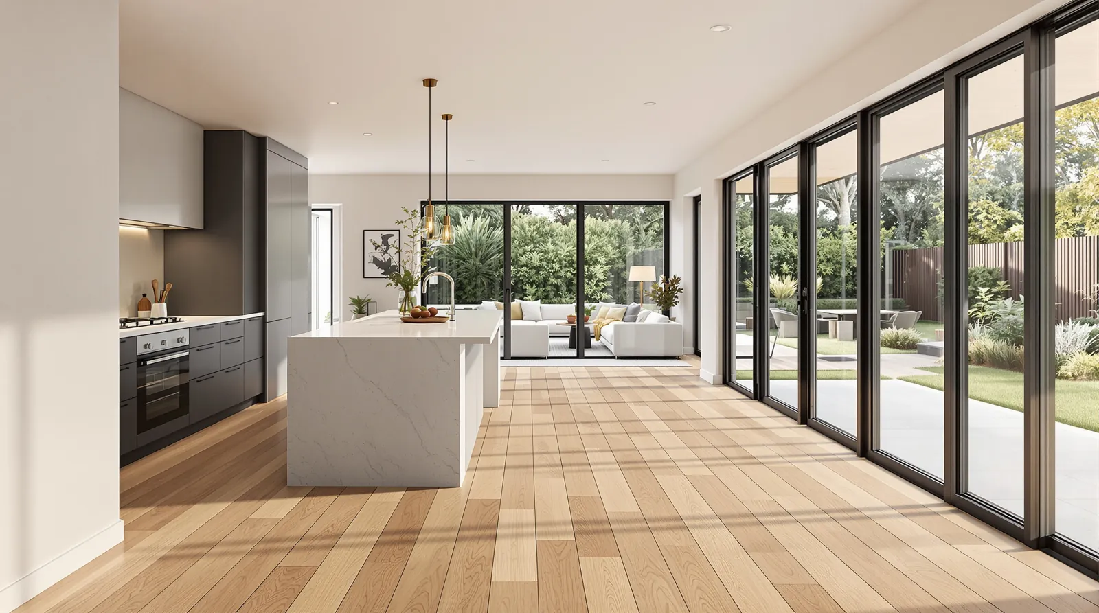Wide plank natural oak boards running toward glass doors in the open-plan living area of a Balwyn North rebuild