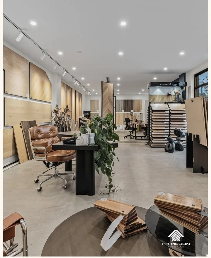 Inside the Primecon Flooring Camberwell showroom: sample boards, display stand and consultation desk