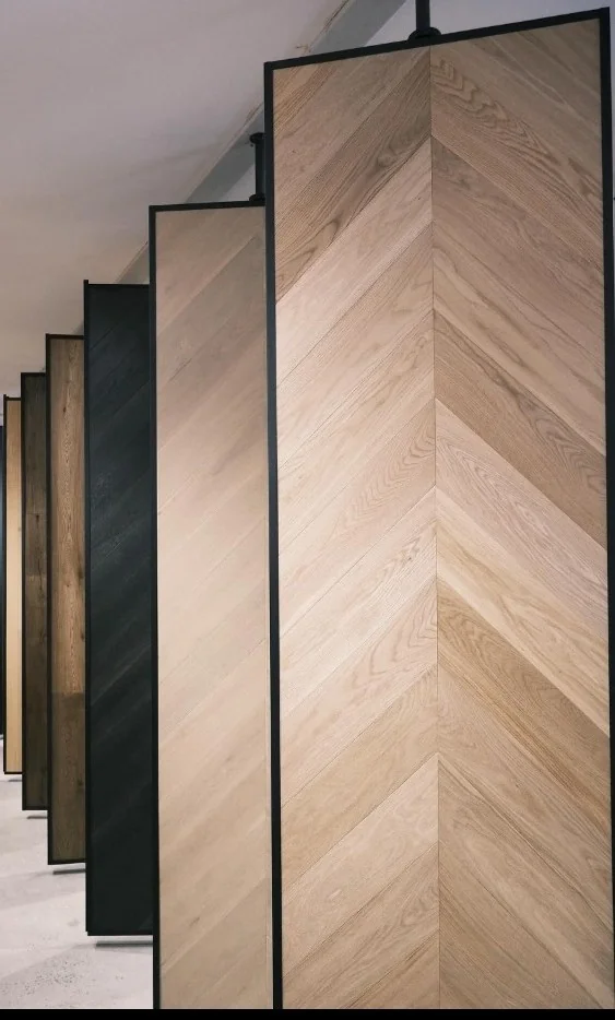 Hanging chevron and plank display panels in the Primecon Flooring showroom, Camberwell